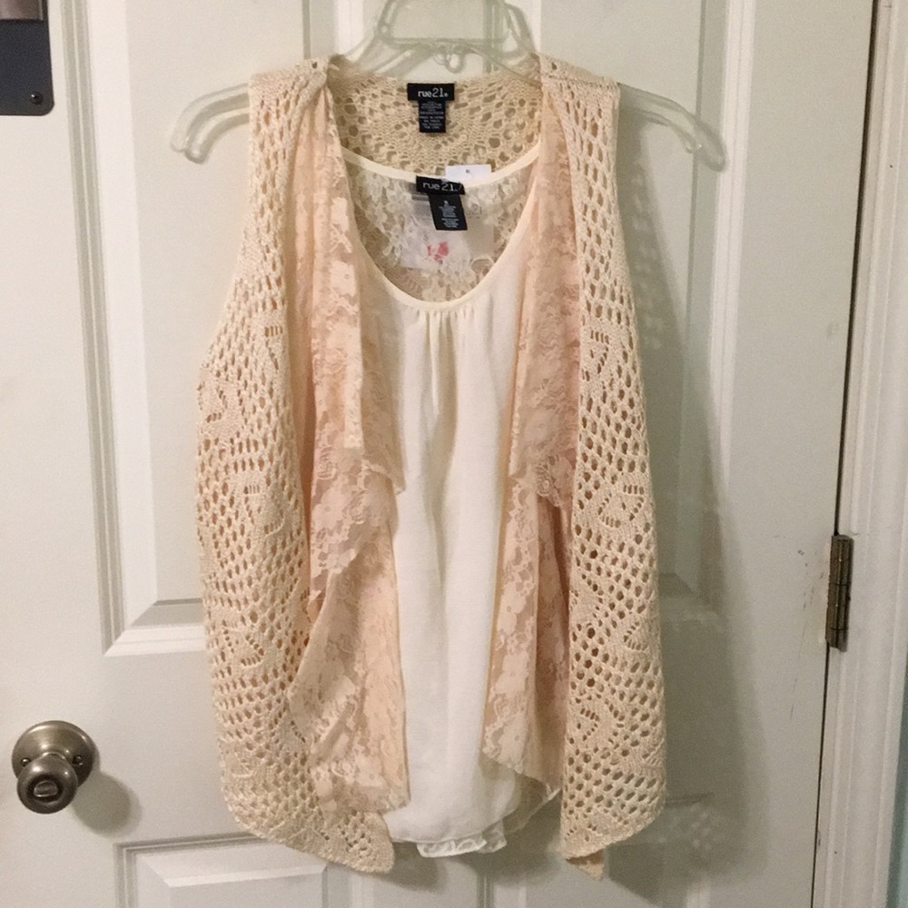 NWT Beige Open Knit crochet Lace Vest S M drapes - Picture 7 of 9
